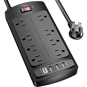 Surge Protector Power Strip - Flat Plug Extension Cord w/ 8 Outlet, 6 Ft, Black